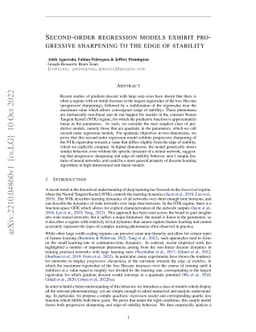 Second-order regression models exhibit progressive sharpening to the
  edge of stability
