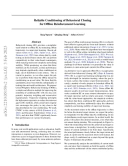 Reliable Conditioning of Behavioral Cloning for Offline Reinforcement
  Learning
