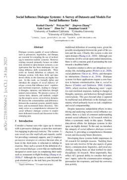Social Influence Dialogue Systems: A Survey of Datasets and Models For
  Social Influence Tasks