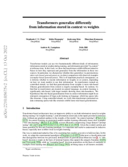 Transformers generalize differently from information stored in context
  vs in weights