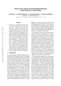 Social-Group-Agnostic Word Embedding Debiasing via the Stereotype
  Content Model