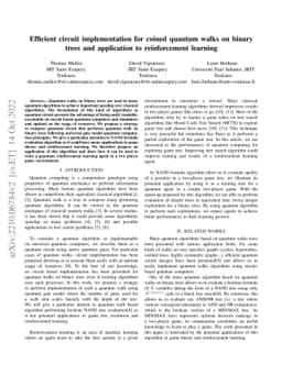 Efficient circuit implementation for coined quantum walks on binary
  trees and application to reinforcement learning
