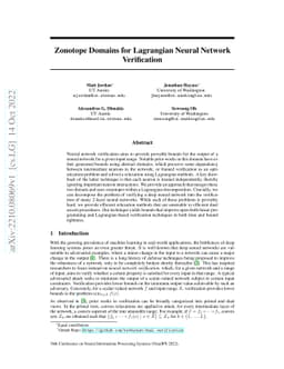 Zonotope Domains for Lagrangian Neural Network Verification