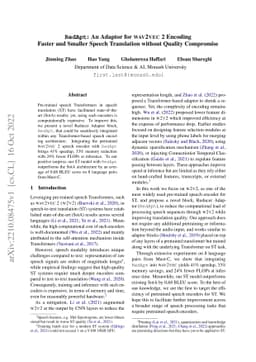 RedApt: An Adaptor for wav2vec 2 Encoding \\ Faster and Smaller Speech
  Translation without Quality Compromise