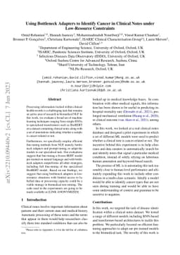 Using Bottleneck Adapters to Identify Cancer in Clinical Notes under
  Low-Resource Constraints