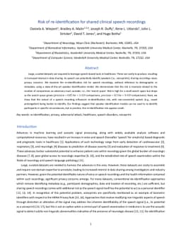 Risk of re-identification for shared clinical speech recordings