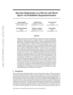 Bayesian Optimization over Discrete and Mixed Spaces via Probabilistic
  Reparameterization