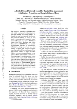 A Unified Neural Network Model for Readability Assessment with Feature
  Projection and Length-Balanced Loss