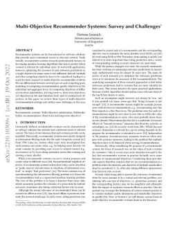 Multi-Objective Recommender Systems: Survey and Challenges