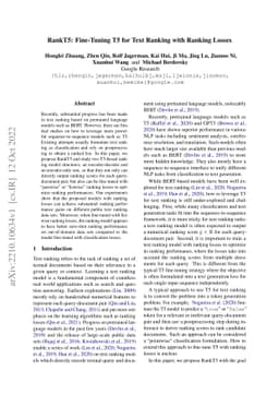 RankT5: Fine-Tuning T5 for Text Ranking with Ranking Losses
