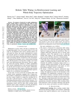 Robotic Table Wiping via Reinforcement Learning and Whole-body
  Trajectory Optimization