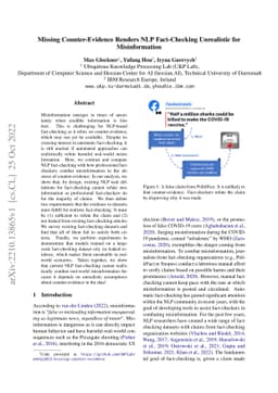 Missing Counter-Evidence Renders NLP Fact-Checking Unrealistic for
  Misinformation