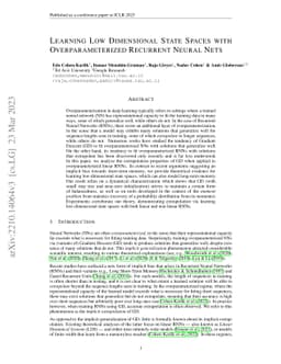 Learning Low Dimensional State Spaces with Overparameterized Recurrent
  Neural Nets
