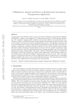 A Bibliometric Analysis and Review on Reinforcement Learning for
  Transportation Applications