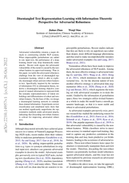 Disentangled Text Representation Learning with Information-Theoretic
  Perspective for Adversarial Robustness