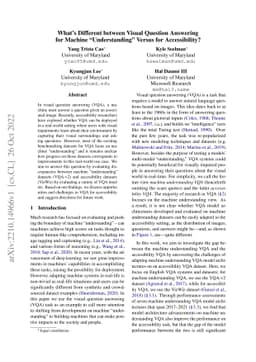 What's Different between Visual Question Answering for Machine
  "Understanding" Versus for Accessibility?