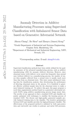 Anomaly Detection in Additive Manufacturing Processes using Supervised
  Classification with Imbalanced Sensor Data based on Generative Adversarial
  Network