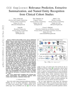 CCS Explorer: Relevance Prediction, Extractive Summarization, and Named
  Entity Recognition from Clinical Cohort Studies