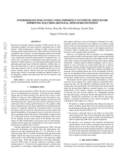 Intermediate Fine-Tuning Using Imperfect Synthetic Speech for Improving
  Electrolaryngeal Speech Recognition