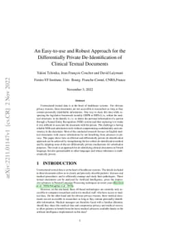 An Easy-to-use and Robust Approach for the Differentially Private
  De-Identification of Clinical Textual Documents
