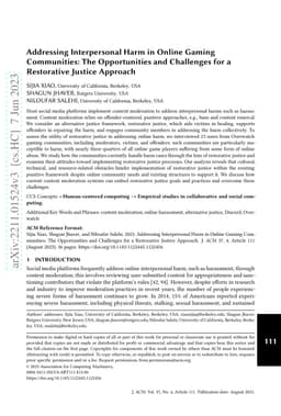 Addressing interpersonal harm in online gaming communities: the
  opportunities and challenges for a restorative justice approach