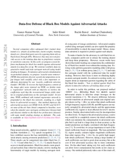Data-free Defense of Black Box Models Against Adversarial Attacks