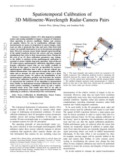 Spatiotemporal Calibration of 3D Millimetre-Wavelength Radar-Camera
  Pairs