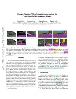 Domain Adaptive Video Semantic Segmentation via Cross-Domain Moving
  Object Mixing