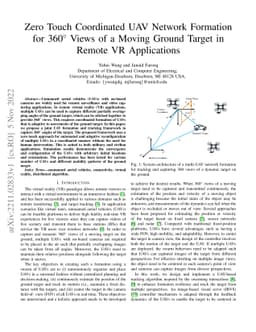 Zero Touch Coordinated UAV Network Formation for 360° Views of a
  Moving Ground Target in Remote VR Applications