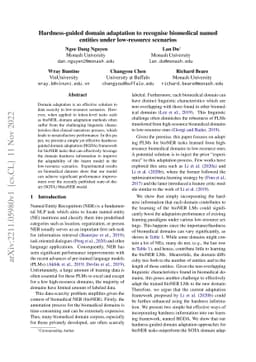 Hardness-guided domain adaptation to recognise biomedical named entities
  under low-resource scenarios