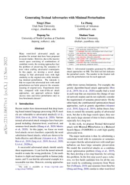Generating Textual Adversaries with Minimal Perturbation