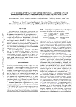 Autovocoder: Fast Waveform Generation from a Learned Speech
  Representation using Differentiable Digital Signal Processing