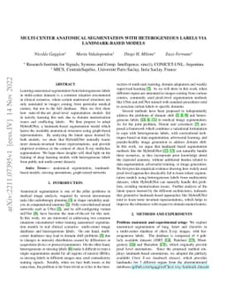 Multi-center anatomical segmentation with heterogeneous labels via
  landmark-based models