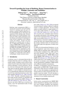 Toward expanding the scope of radiology report summarization to multiple
  anatomies and modalities