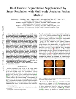 Hard Exudate Segmentation Supplemented by Super-Resolution with
  Multi-scale Attention Fusion Module