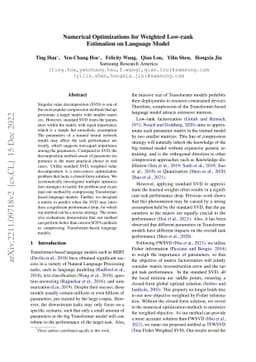 Numerical Optimizations for Weighted Low-rank Estimation on Language
  Model