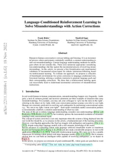 Language-Conditioned Reinforcement Learning to Solve Misunderstandings
  with Action Corrections