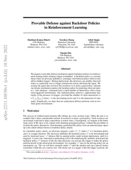 Provable Defense against Backdoor Policies in Reinforcement Learning