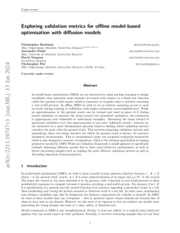 Exploring validation metrics for offline model-based optimisation with
  diffusion models