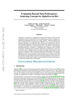 Evaluation Beyond Task Performance: Analyzing Concepts in AlphaZero in
  Hex