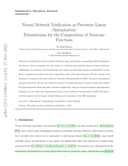 Neural Network Verification as Piecewise Linear Optimization:
  Formulations for the Composition of Staircase Functions