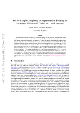 On the Sample Complexity of Representation Learning in Multi-task
  Bandits with Global and Local structure