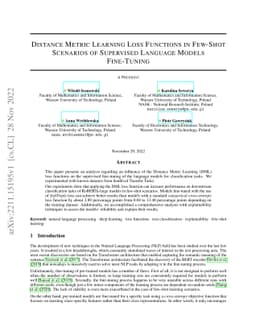 Distance Metric Learning Loss Functions in Few-Shot Scenarios of
  Supervised Language Models Fine-Tuning
