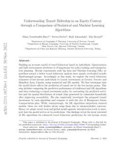 Understanding transit ridership in an equity context through a
  comparison of statistical and machine learning algorithms