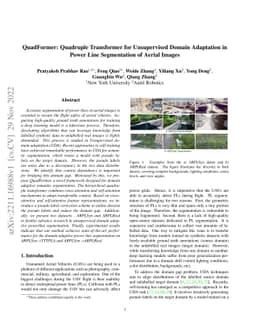QuadFormer: Quadruple Transformer for Unsupervised Domain Adaptation in
  Power Line Segmentation of Aerial Images