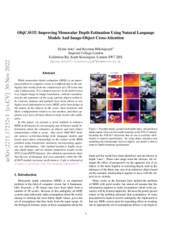 ObjCAViT: Improving Monocular Depth Estimation Using Natural Language
  Models And Image-Object Cross-Attention