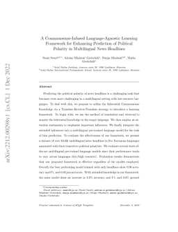 A Commonsense-Infused Language-Agnostic Learning Framework for Enhancing
  Prediction of Political Polarity in Multilingual News Headlines