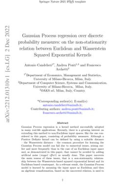 Gaussian Process regression over discrete probability measures: on the
  non-stationarity relation between Euclidean and Wasserstein Squared
  Exponential Kernels