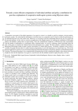 Towards a more efficient computation of individual attribute and policy
  contribution for post-hoc explanation of cooperative multi-agent systems
  using Myerson values