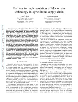 Barriers to implementation of blockchain technology in agricultural
  supply chain